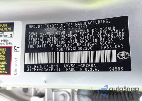 2012 Toyota Camry Hybrid Xle z USA, uszkodzony, nr VIN 4T1BD1FK2CU002336